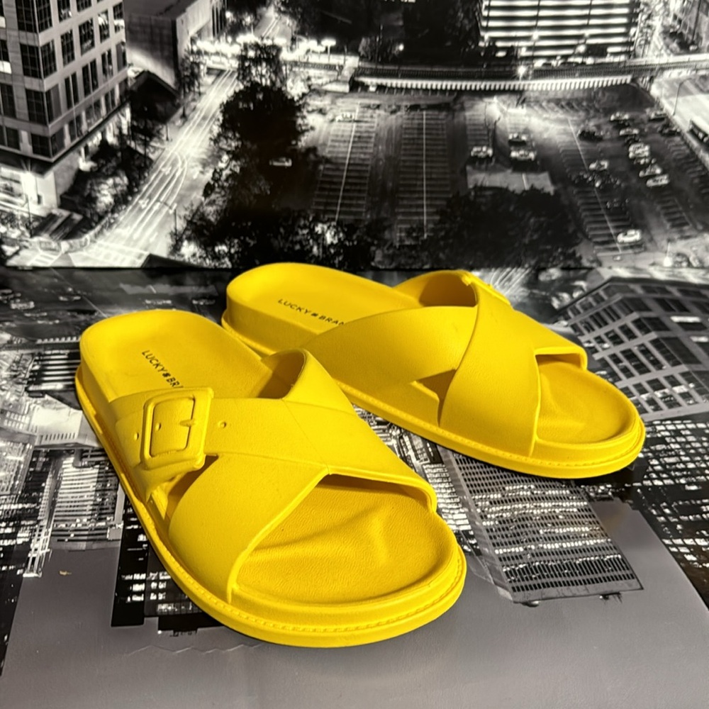 Lucky Brand Bright Yellow Cross-Buckle Slide Sandals